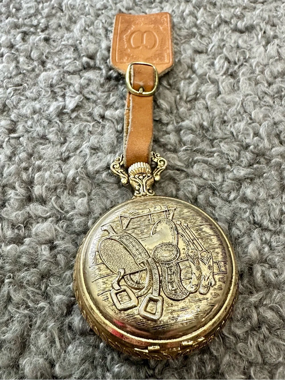 Vintage Westclox Gold Pocket Watch Horse Dial Leather Fob